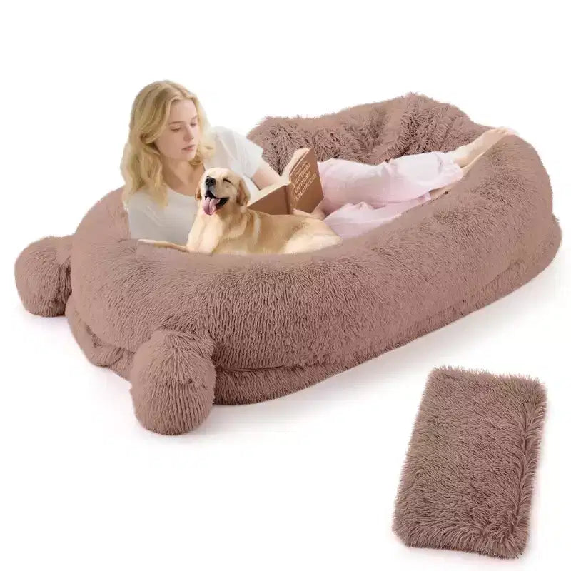 Cuscino per Cani Umano, 180x114x30cm Letto per Cani Grande con Coperta, Tasche Portaoggetti, Maniglia Portatile, Rivestimento Sfoderabile, Cuccia per Animali Domestici a Misura d'Uomo per Adulti