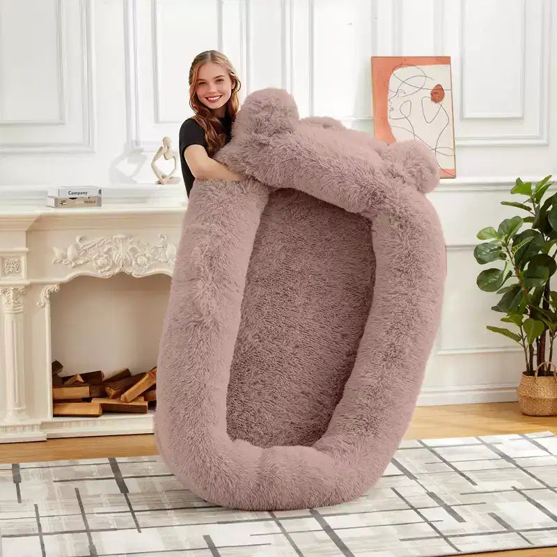 Cuscino per Cani Umano, 180x114x30cm Letto per Cani Grande con Coperta, Tasche Portaoggetti, Maniglia Portatile, Rivestimento Sfoderabile, Cuccia per Animali Domestici a Misura d'Uomo per Adulti