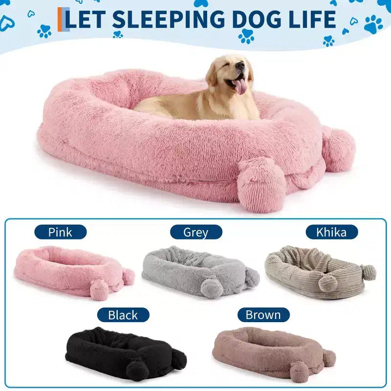Cuscino per Cani Umano, 180x114x30cm Letto per Cani Grande con Coperta, Tasche Portaoggetti, Maniglia Portatile, Rivestimento Sfoderabile, Cuccia per Animali Domestici a Misura d'Uomo per Adulti