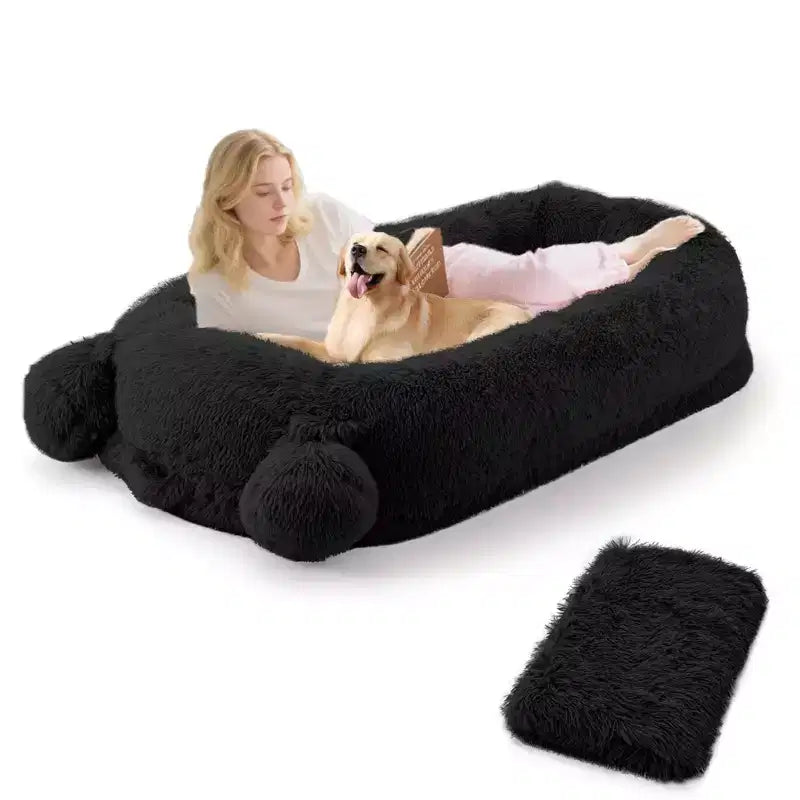 Cuscino per Cani Umano, 180x114x30cm Letto per Cani Grande con Coperta, Tasche Portaoggetti, Maniglia Portatile, Rivestimento Sfoderabile, Cuccia per Animali Domestici a Misura d'Uomo per Adulti
