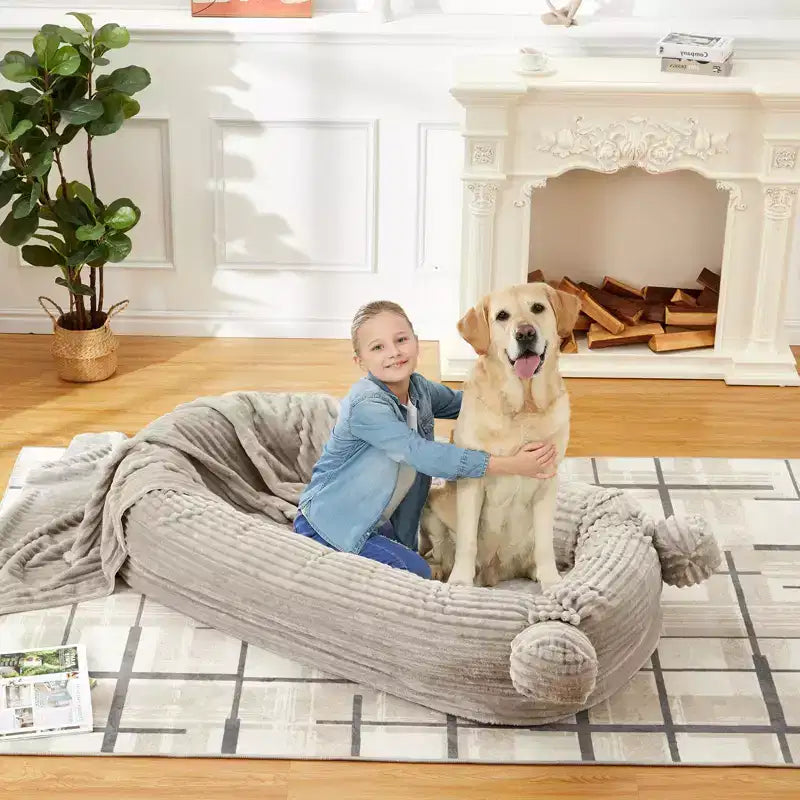 Cuscino per Cani Umano, 180x114x30cm Letto per Cani Grande con Coperta, Tasche Portaoggetti, Maniglia Portatile, Rivestimento Sfoderabile, Cuccia per Animali Domestici a Misura d'Uomo per Adulti