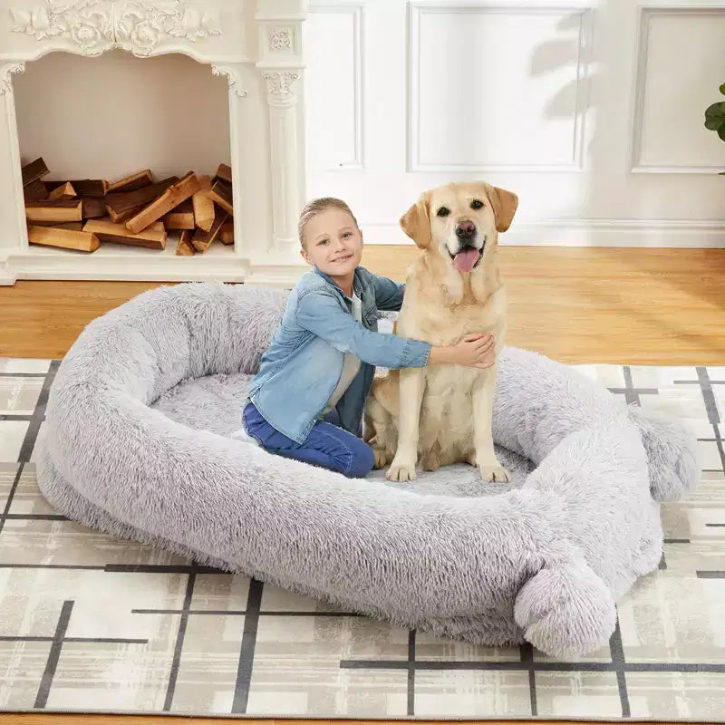 Cuscino per Cani Umano, 180x114x30cm Letto per Cani Grande con Coperta, Tasche Portaoggetti, Maniglia Portatile, Rivestimento Sfoderabile, Cuccia per Animali Domestici a Misura d'Uomo per Adulti