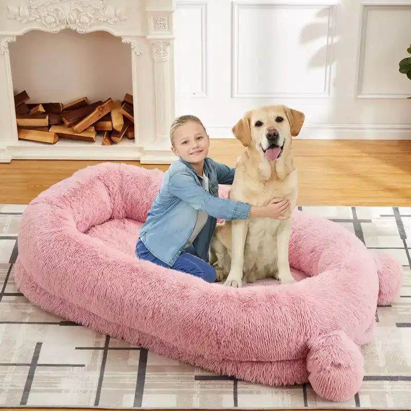 Cuscino per Cani Umano, 180x114x30cm Letto per Cani Grande con Coperta, Tasche Portaoggetti, Maniglia Portatile, Rivestimento Sfoderabile, Cuccia per Animali Domestici a Misura d'Uomo per Adulti