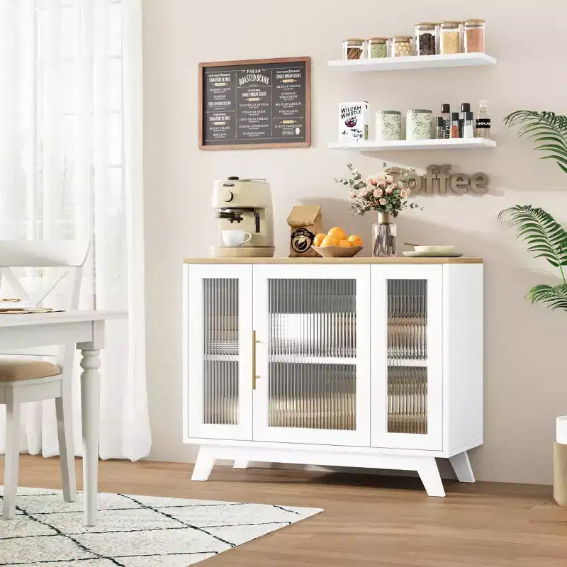 Mobile bar da caffè moderno da 36" - Credenza a buffet con ante in vetro scanalato e ripiani regolabili