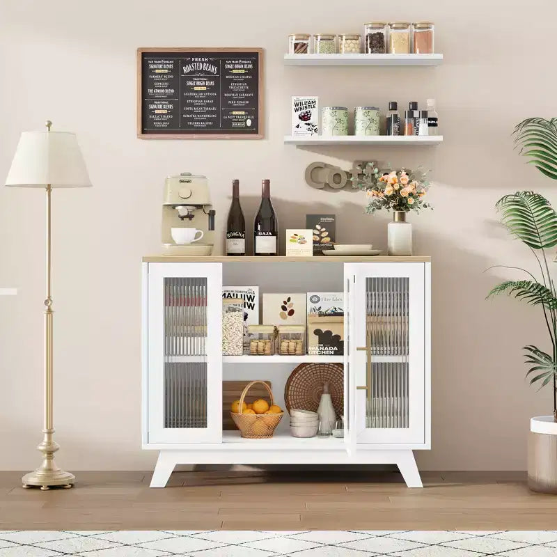 Mobile bar da caffè moderno da 36" - Credenza a buffet con ante in vetro scanalato e ripiani regolabili