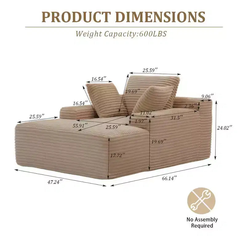 Divano letto singolo moderno Whisen in velluto a coste e chaise longue/lettino con cuscini decorativi, nessun assemblaggio richiesto