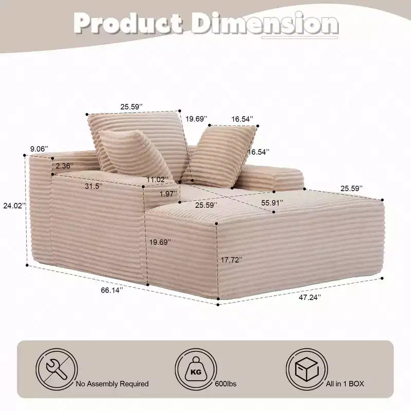 Divano letto singolo moderno Whisen in velluto a coste e chaise longue/lettino con cuscini decorativi, nessun assemblaggio richiesto