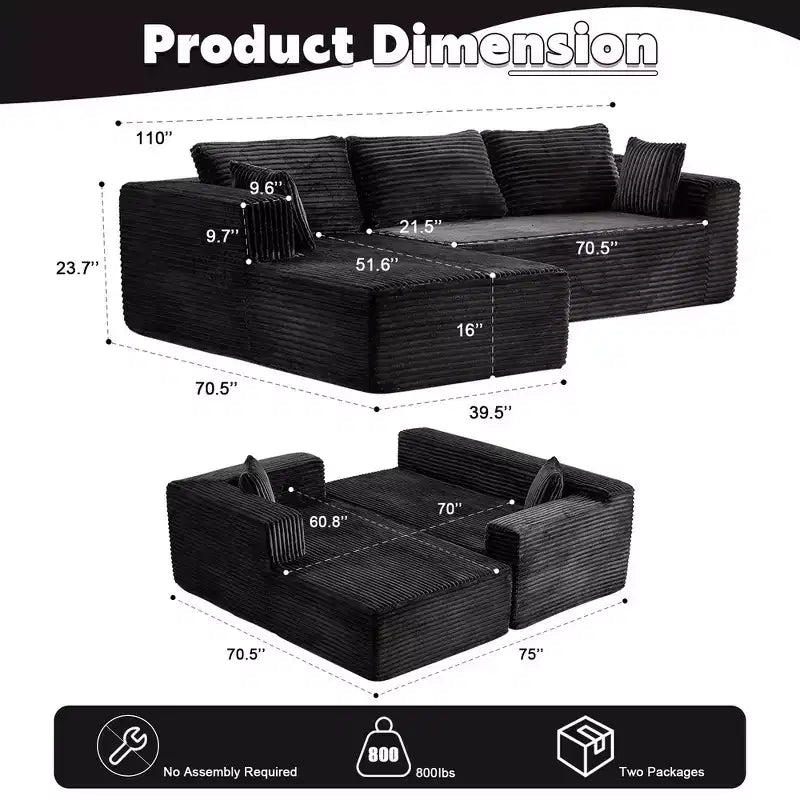 Divano letto singolo moderno Whisen in velluto a coste e chaise longue/lettino con cuscini decorativi, nessun assemblaggio richiesto