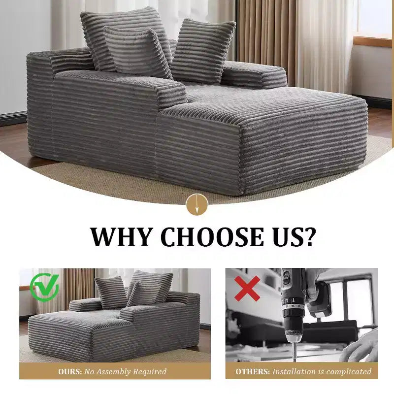 Divano letto singolo moderno Whisen in velluto a coste e chaise longue/lettino con cuscini decorativi, nessun assemblaggio richiesto