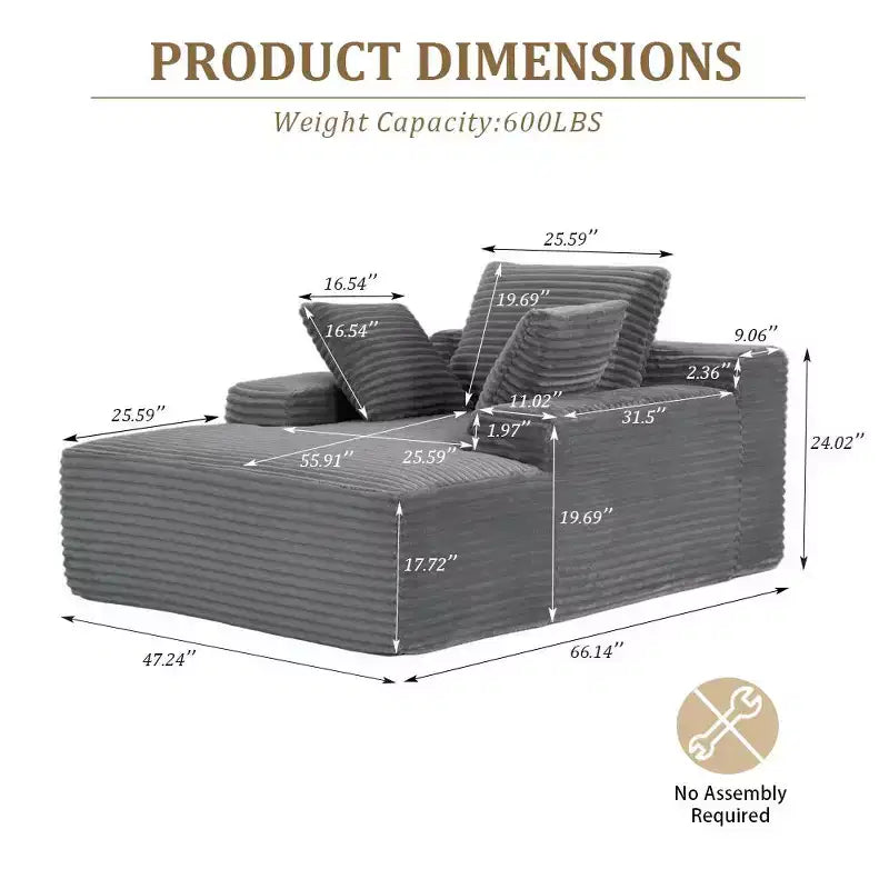 Divano letto singolo moderno Whisen in velluto a coste e chaise longue/lettino con cuscini decorativi, nessun assemblaggio richiesto