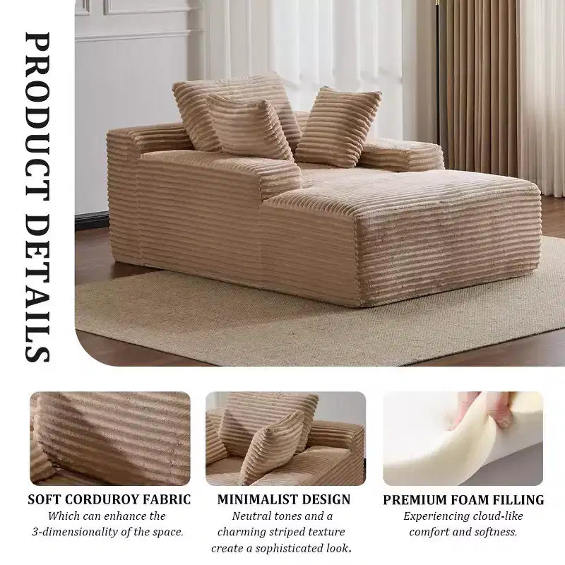 Divano letto singolo moderno Whisen in velluto a coste e chaise longue/lettino con cuscini decorativi, nessun assemblaggio richiesto