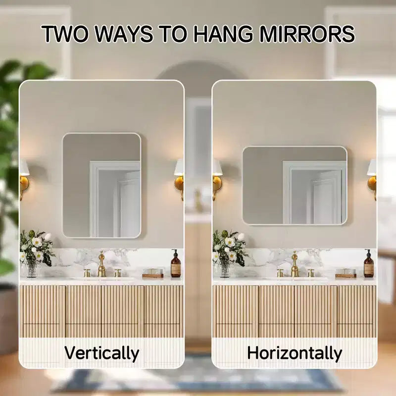 Specchio da bagno opaco, specchio da parete rettangolare arrotondato per lavabo, vetro temperato HD e cornice in alluminio antiruggine