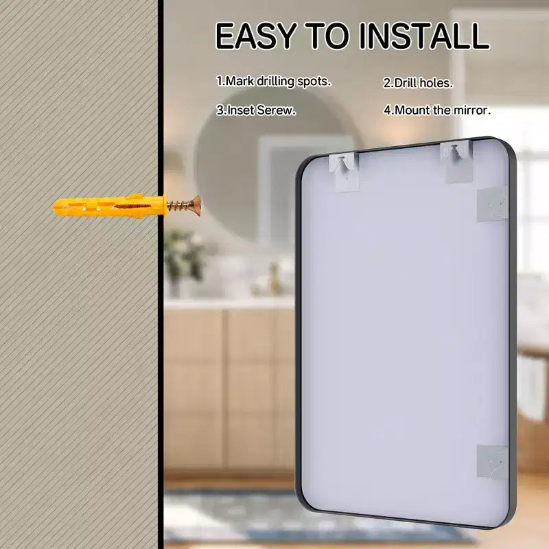 Specchio da bagno opaco, specchio da parete rettangolare arrotondato per lavabo, vetro temperato HD e cornice in alluminio antiruggine