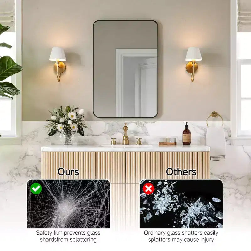 Specchio da bagno opaco, specchio da parete rettangolare arrotondato per lavabo, vetro temperato HD e cornice in alluminio antiruggine