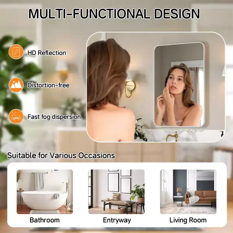 Specchio da bagno opaco, specchio da parete rettangolare arrotondato per lavabo, vetro temperato HD e cornice in alluminio antiruggine