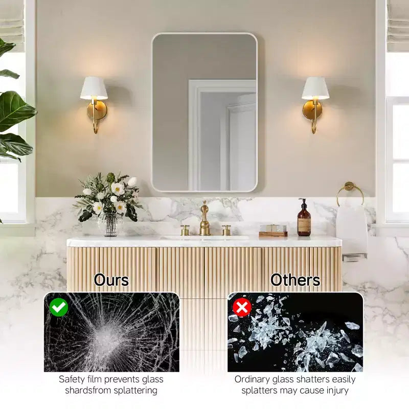 Specchio da bagno opaco, specchio da parete rettangolare arrotondato per lavabo, vetro temperato HD e cornice in alluminio antiruggine
