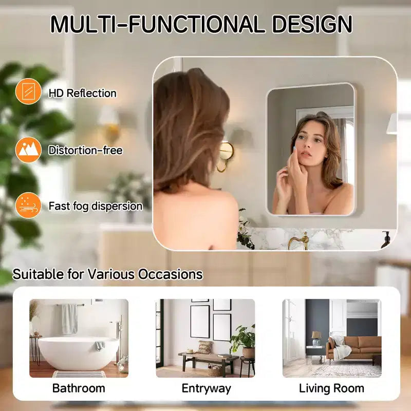 Specchio da bagno opaco, specchio da parete rettangolare arrotondato per lavabo, vetro temperato HD e cornice in alluminio antiruggine