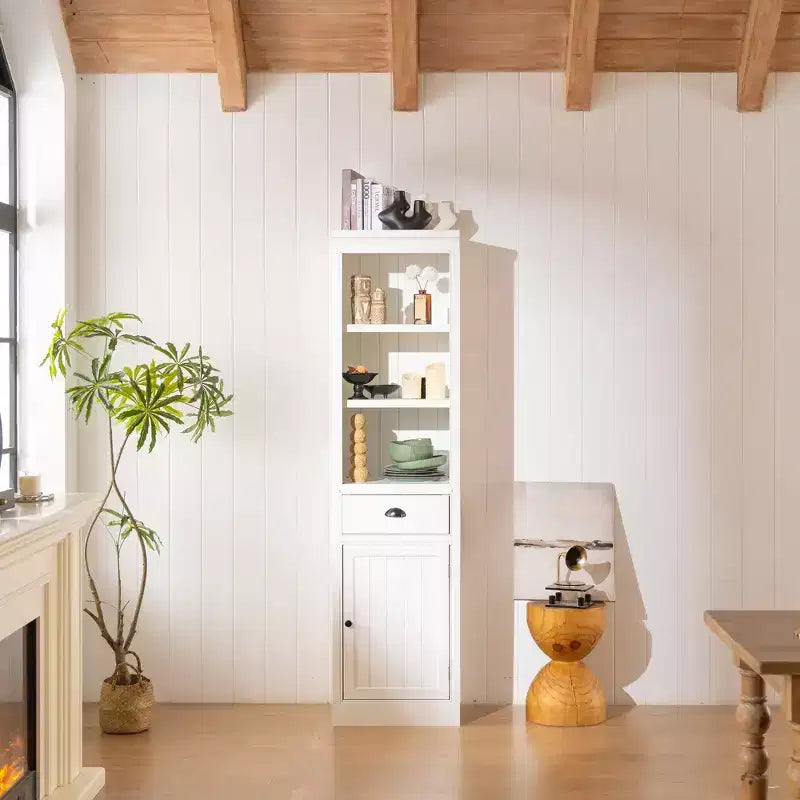 Libreria alta 75", a 5 ripiani, in legno, con ripiani aperti e armadietto, organizer in legno per dispensa, espositore e mobiletto contenitore per ufficio