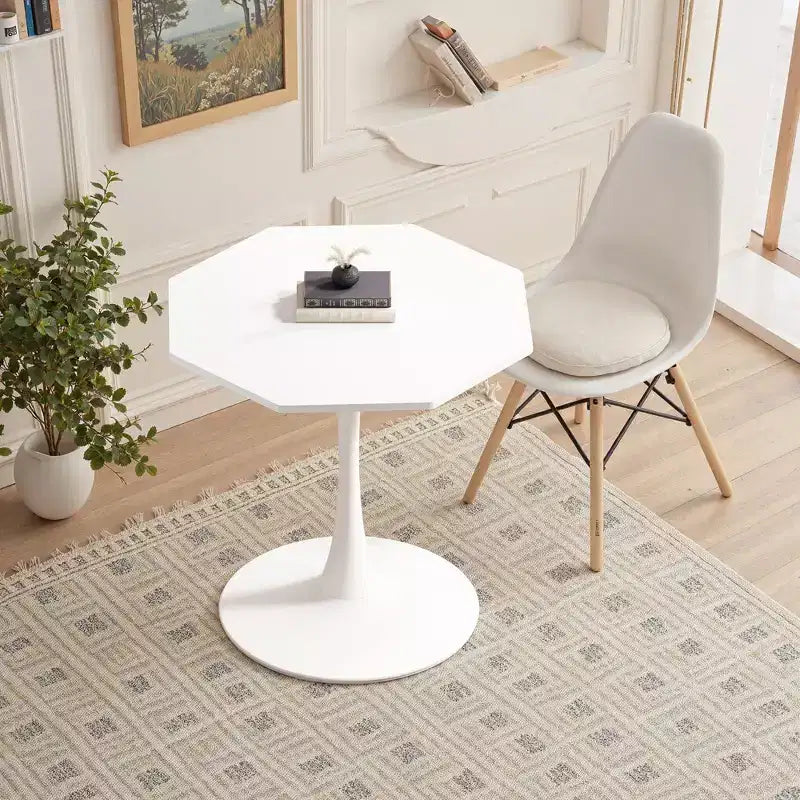MAYEERTY Tavolino da caffè ottagonale con base in metallo e ripiano in MDF per sala da pranzo, soggiorno, colore bianco