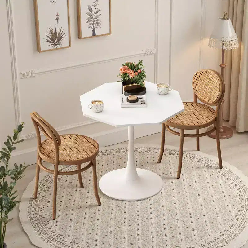 MAYEERTY Tavolino da caffè ottagonale con base in metallo e ripiano in MDF per sala da pranzo, soggiorno, colore bianco