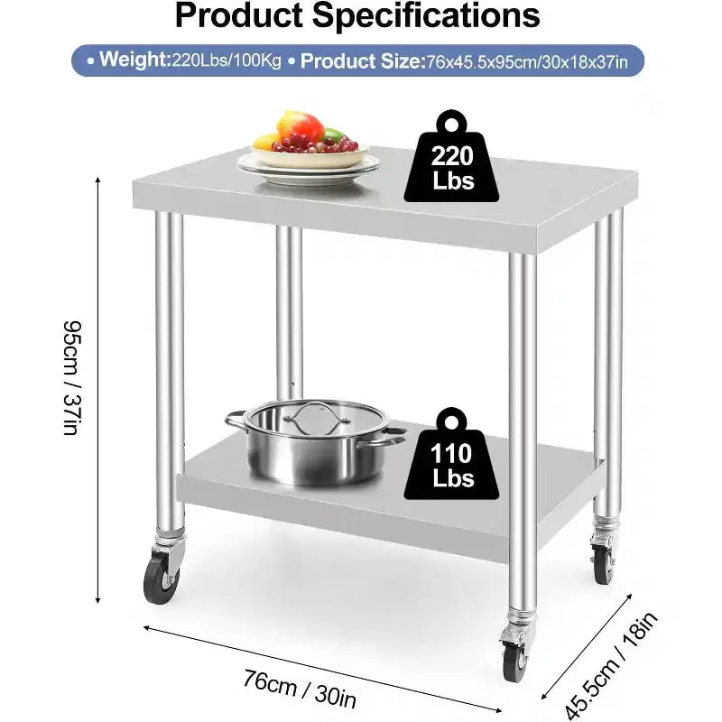 Acekool 30 Tavolo da Preparazione Mobile, Workstation in Acciaio Inox con Ruote Bloccabili e Ripiano Regolabile per Uso Cucina e Commerciale