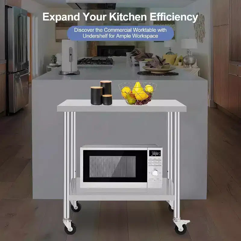 Acekool 30 Tavolo da Preparazione Mobile, Workstation in Acciaio Inox con Ruote Bloccabili e Ripiano Regolabile per Uso Cucina e Commerciale