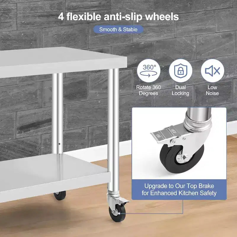 Acekool 30 Tavolo da Preparazione Mobile, Workstation in Acciaio Inox con Ruote Bloccabili e Ripiano Regolabile per Uso Cucina e Commerciale