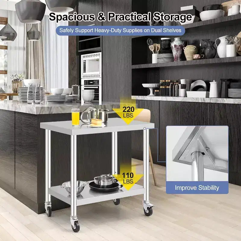 Acekool 30 Tavolo da Preparazione Mobile, Workstation in Acciaio Inox con Ruote Bloccabili e Ripiano Regolabile per Uso Cucina e Commerciale