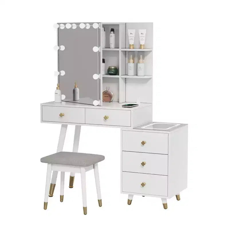 Tavolo da Trucco con Pannello Tri-tono a LED in Truciolato Bianco Laccato con Gambe in Legno Massello e Boccole in Ottone