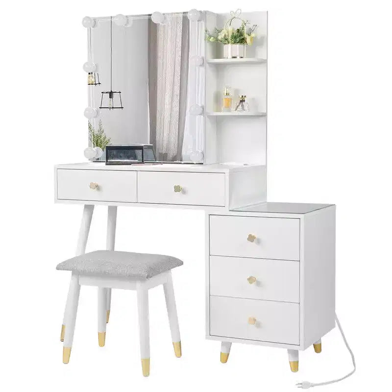 Tavolo da Trucco con Pannello Tri-tono a LED in Truciolato Bianco Laccato con Gambe in Legno Massello e Boccole in Ottone