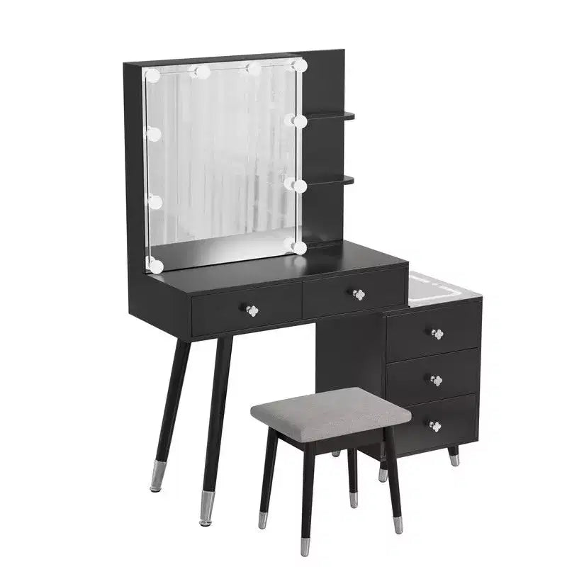 Tavolo da Trucco con Pannello Tri-tono a LED in Truciolato Bianco Laccato con Gambe in Legno Massello e Boccole in Ottone