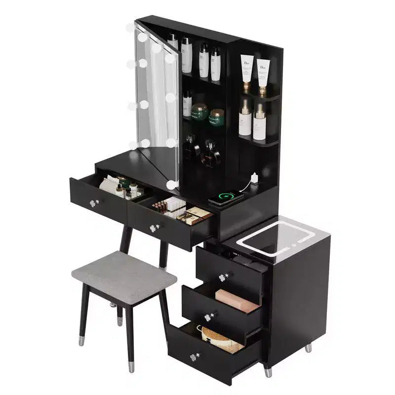 Tavolo da Trucco con Pannello Tri-tono a LED in Truciolato Bianco Laccato con Gambe in Legno Massello e Boccole in Ottone
