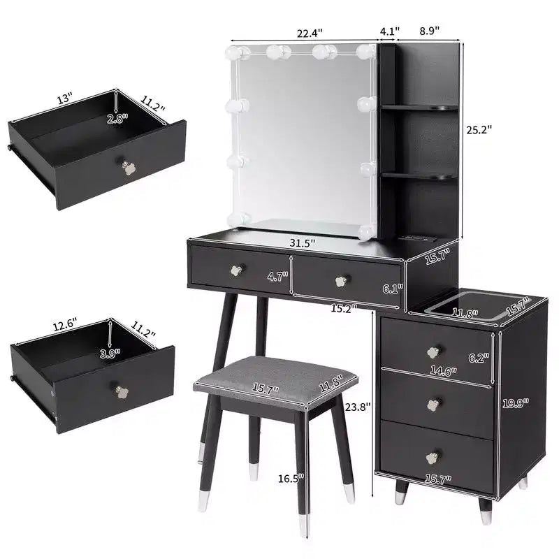 Tavolo da Trucco con Pannello Tri-tono a LED in Truciolato Bianco Laccato con Gambe in Legno Massello e Boccole in Ottone