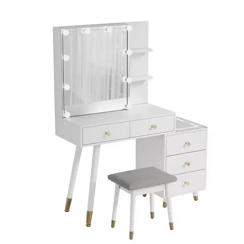 Tavolo da Trucco con Pannello Tri-tono a LED in Truciolato Bianco Laccato con Gambe in Legno Massello e Boccole in Ottone