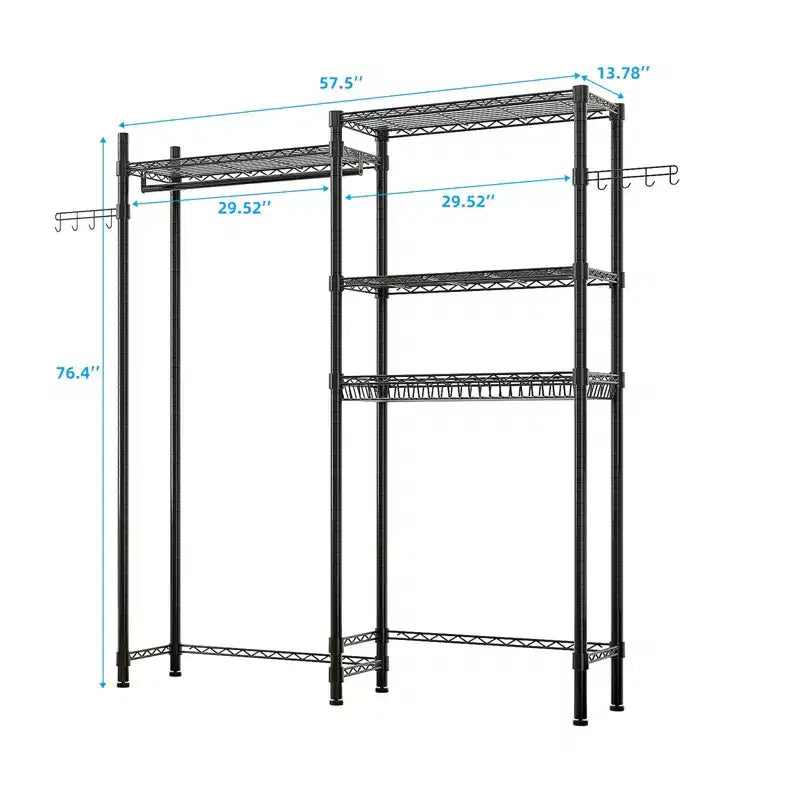 Karl Home Armadio Aperto Nero in Ferro con Doppia Barra Appendiabiti e Cesti a Rete 145x35x195 cm