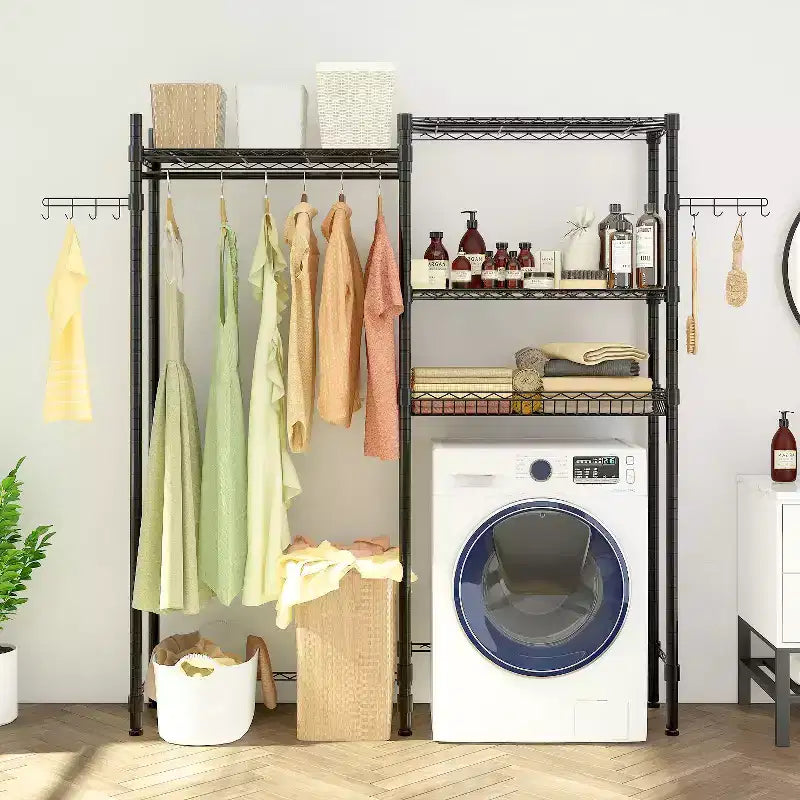 Karl Home Armadio Aperto Nero in Ferro con Doppia Barra Appendiabiti e Cesti a Rete 145x35x195 cm