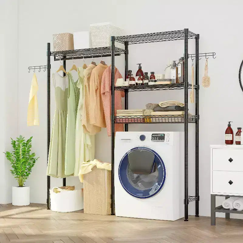 Karl Home Armadio Aperto Nero in Ferro con Doppia Barra Appendiabiti e Cesti a Rete 145x35x195 cm