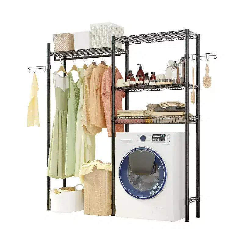 Karl Home Armadio Aperto Nero in Ferro con Doppia Barra Appendiabiti e Cesti a Rete 145x35x195 cm
