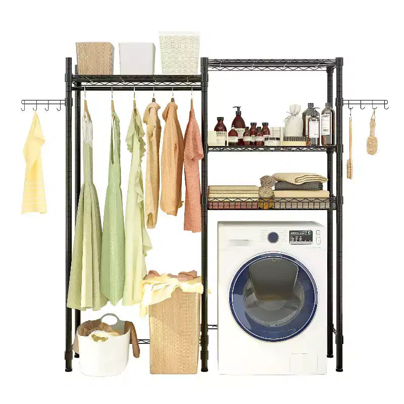 Karl Home Armadio Aperto Nero in Ferro con Doppia Barra Appendiabiti e Cesti a Rete 145x35x195 cm