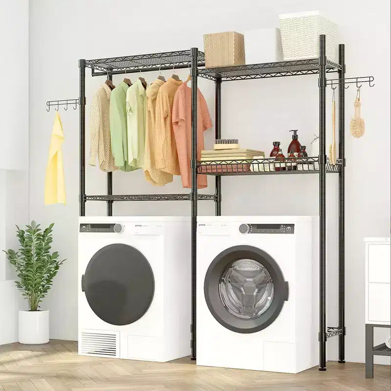 Karl Home Armadio Aperto Nero in Ferro con Doppia Barra Appendiabiti e Cesti a Rete 145x35x195 cm
