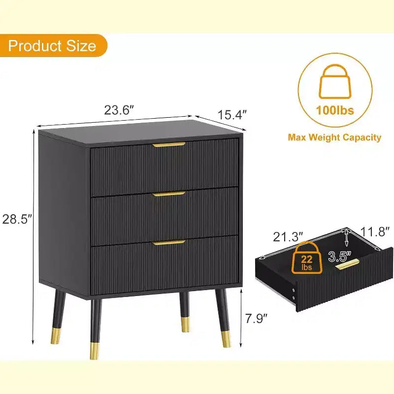 Comodino moderno a 3 cassetti – Comodino ampio e contenitore per camera da letto e soggiorno