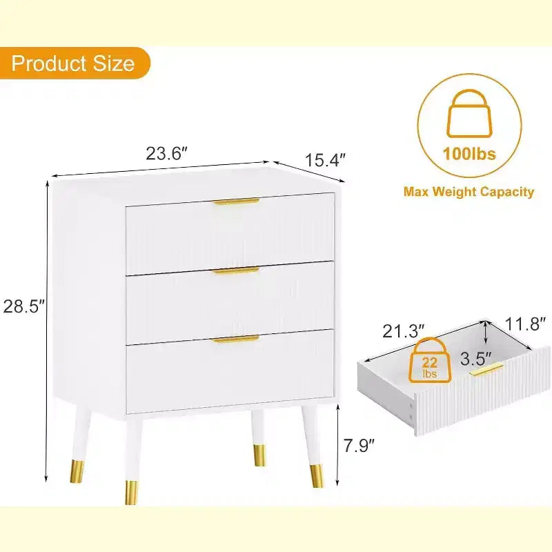 Comodino moderno a 3 cassetti – Comodino ampio e contenitore per camera da letto e soggiorno