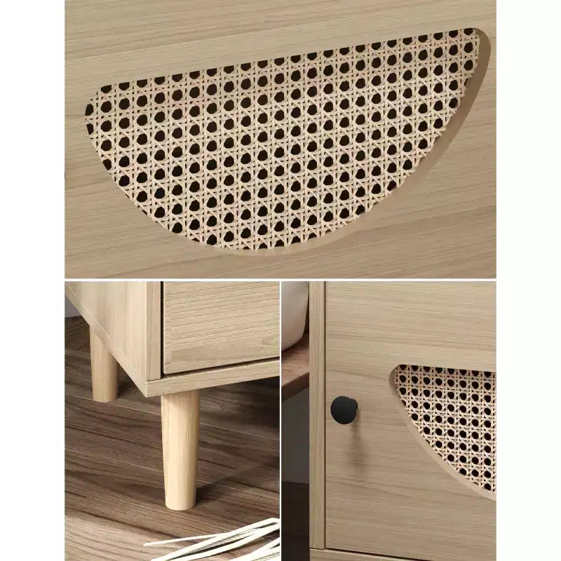 Tavolino Finale in Rattan con Anta Decorativa in Rattan, Tavolino Piccolo con Stazione di Ricarica, Ripiano e Cassetto in Legno, per Camera da Letto, Soggiorno