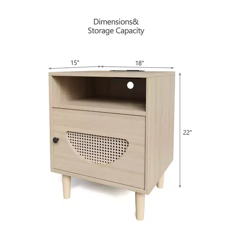 Tavolino Finale in Rattan con Anta Decorativa in Rattan, Tavolino Piccolo con Stazione di Ricarica, Ripiano e Cassetto in Legno, per Camera da Letto, Soggiorno
