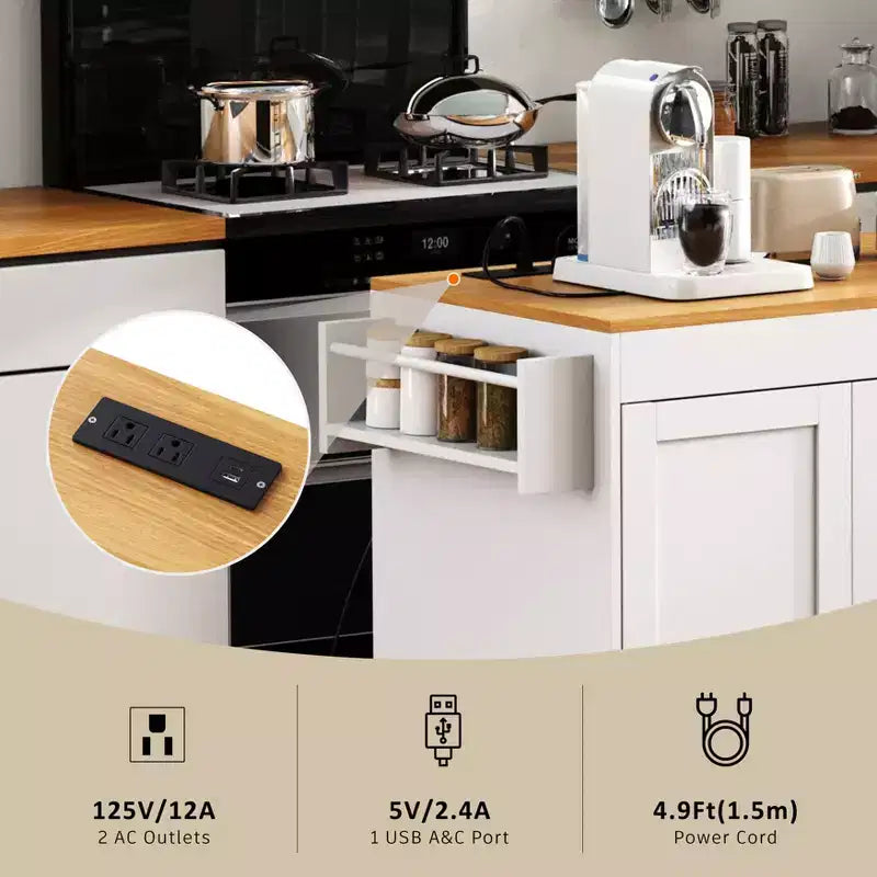 MAYEERTY Isola Cucina con Tavolo da Pranzo, 3 Cassetti, Presa Elettrica, Isola Cucina Rotante su Ruote con Porta Spezie e Mobile a 2 Ante per Cucina, Bianco