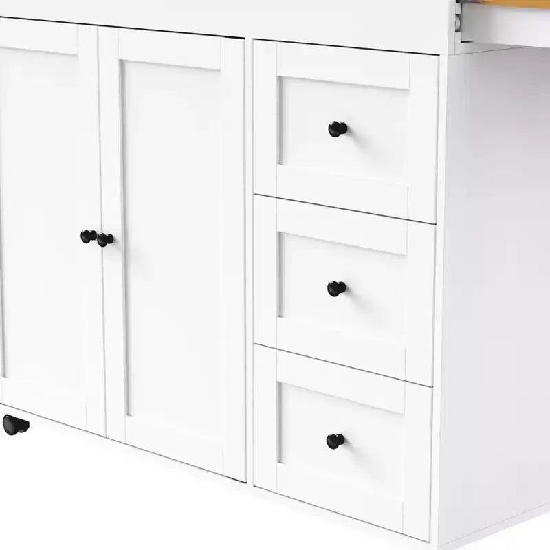MAYEERTY Isola Cucina con Tavolo da Pranzo, 3 Cassetti, Presa Elettrica, Isola Cucina Rotante su Ruote con Porta Spezie e Mobile a 2 Ante per Cucina, Bianco