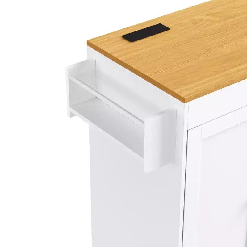 MAYEERTY Isola Cucina con Tavolo da Pranzo, 3 Cassetti, Presa Elettrica, Isola Cucina Rotante su Ruote con Porta Spezie e Mobile a 2 Ante per Cucina, Bianco