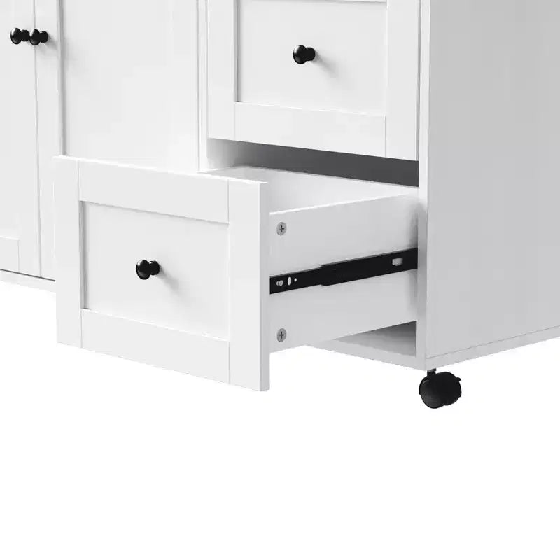 MAYEERTY Isola Cucina con Tavolo da Pranzo, 3 Cassetti, Presa Elettrica, Isola Cucina Rotante su Ruote con Porta Spezie e Mobile a 2 Ante per Cucina, Bianco