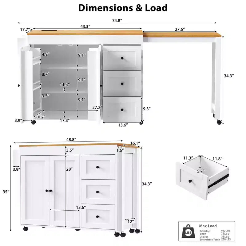MAYEERTY Isola Cucina con Tavolo da Pranzo, 3 Cassetti, Presa Elettrica, Isola Cucina Rotante su Ruote con Porta Spezie e Mobile a 2 Ante per Cucina, Bianco