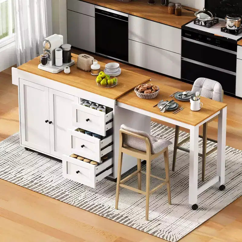 MAYEERTY Isola Cucina con Tavolo da Pranzo, 3 Cassetti, Presa Elettrica, Isola Cucina Rotante su Ruote con Porta Spezie e Mobile a 2 Ante per Cucina, Bianco